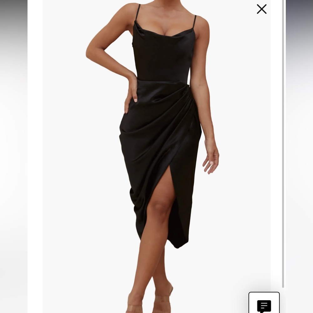 House of CB Black Reva Satin Gathered Balcony Corset Midi Dress